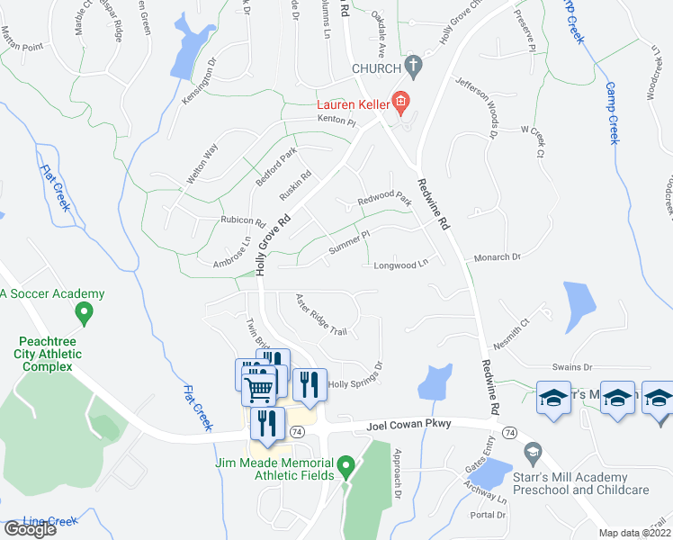 map of restaurants, bars, coffee shops, grocery stores, and more near 405 Rain Drop in Peachtree City