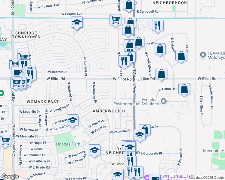 map of restaurants, bars, coffee shops, grocery stores, and more near 2940 North Oregon Street in Chandler