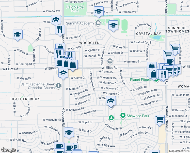 map of restaurants, bars, coffee shops, grocery stores, and more near 1607 West Comstock Drive in Chandler