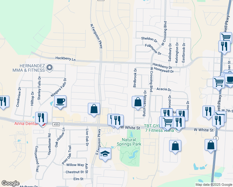 map of restaurants, bars, coffee shops, grocery stores, and more near 1318 Deerfield Drive in Anna