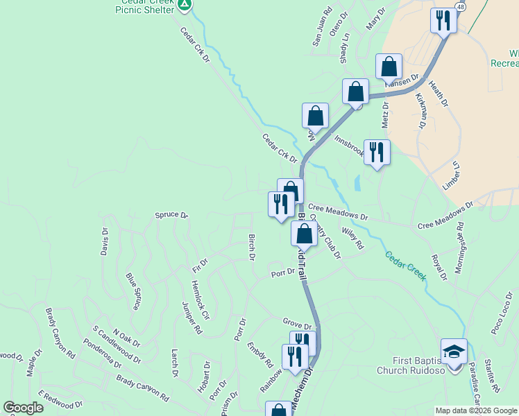 map of restaurants, bars, coffee shops, grocery stores, and more near 336-398 Birch Drive in Ruidoso
