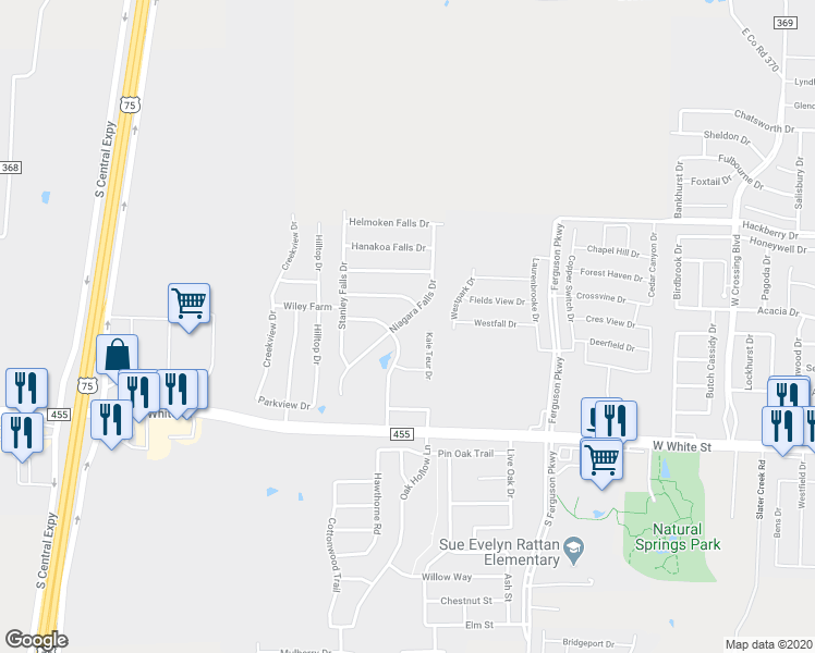 map of restaurants, bars, coffee shops, grocery stores, and more near 317 Niagara Falls Drive in Anna