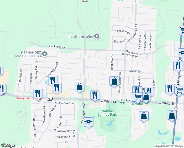 map of restaurants, bars, coffee shops, grocery stores, and more near 1412 Deerfield Drive in Anna
