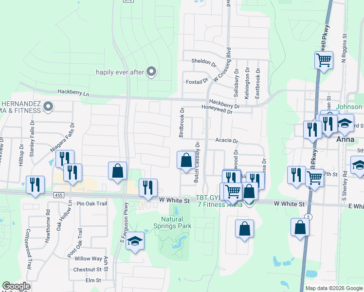 map of restaurants, bars, coffee shops, grocery stores, and more near 1121 Annie Oakley Drive in Anna