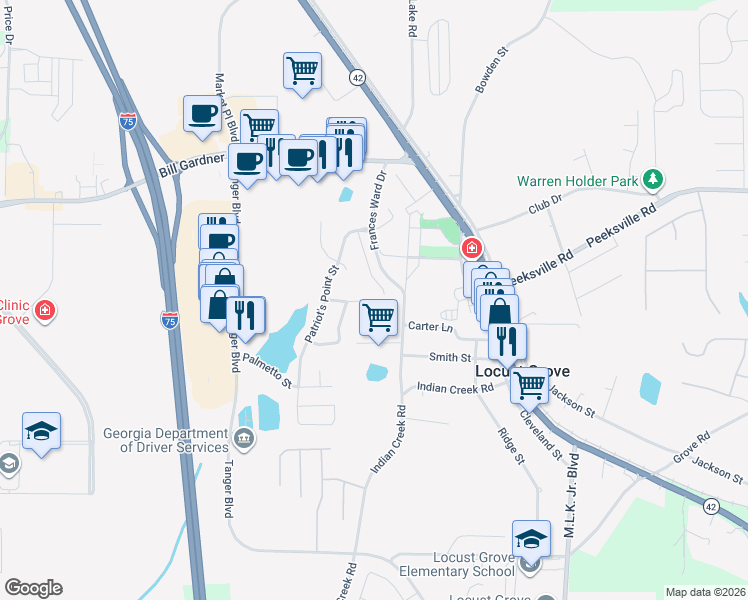 map of restaurants, bars, coffee shops, grocery stores, and more near 922 Justice Drive in Locust Grove