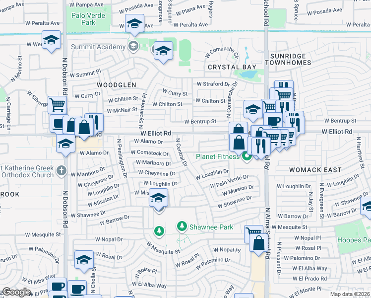 map of restaurants, bars, coffee shops, grocery stores, and more near 1309 West Marlboro Drive in Chandler
