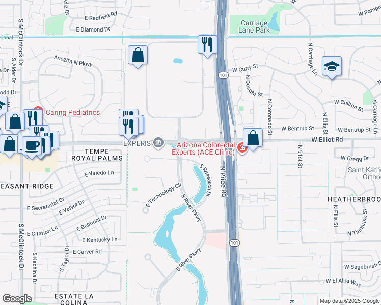 map of restaurants, bars, coffee shops, grocery stores, and more near 7730-7758 South Research Drive in Tempe