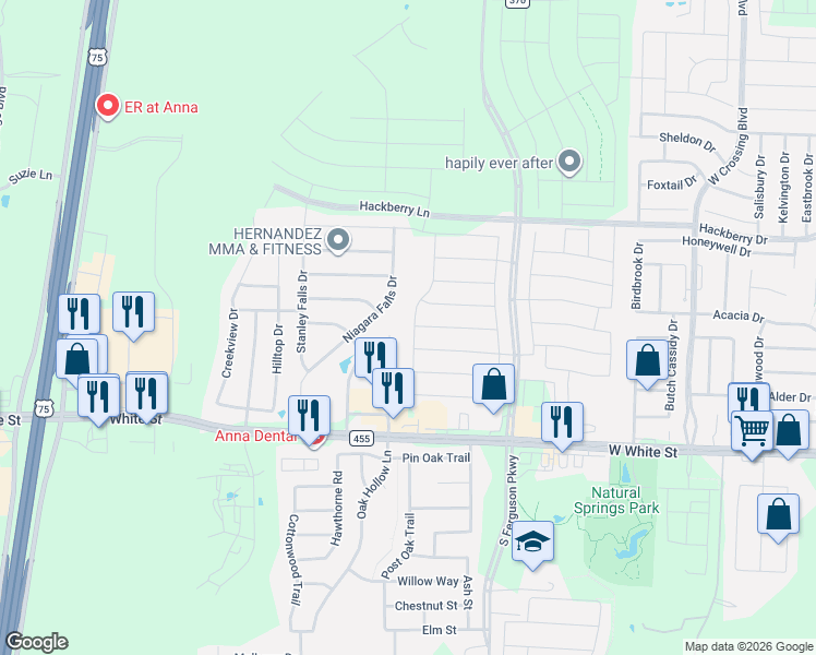 map of restaurants, bars, coffee shops, grocery stores, and more near 1809 Westfall Drive in Anna
