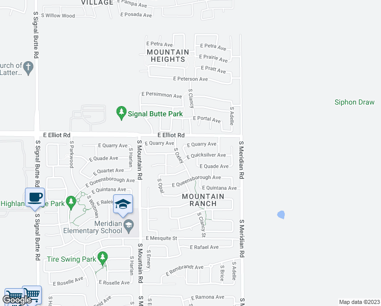 map of restaurants, bars, coffee shops, grocery stores, and more near 11412 East Quicksilver Avenue in Mesa