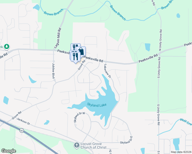 map of restaurants, bars, coffee shops, grocery stores, and more near 237 Roberts Trail in Locust Grove