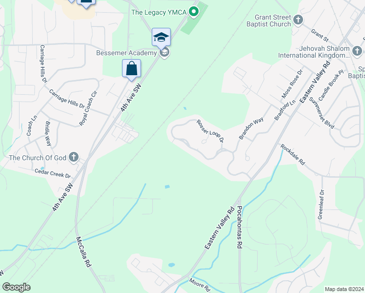 map of restaurants, bars, coffee shops, grocery stores, and more near 4652 Rosser Loop Drive in Bessemer