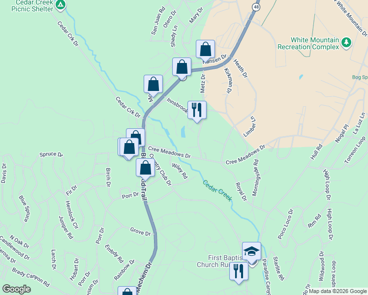 map of restaurants, bars, coffee shops, grocery stores, and more near 112A Cree Meadows Drive in Ruidoso