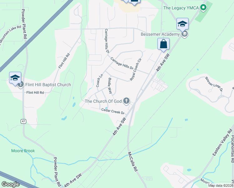 map of restaurants, bars, coffee shops, grocery stores, and more near 5546 Bridle Way in Bessemer