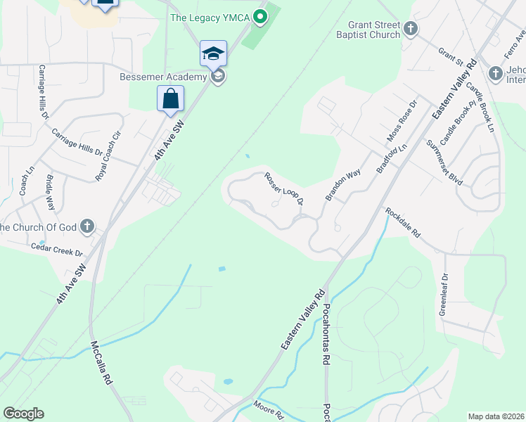 map of restaurants, bars, coffee shops, grocery stores, and more near 4628 Rosser Loop Drive in Bessemer