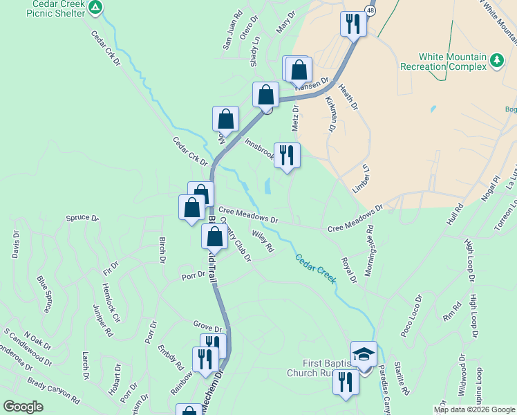map of restaurants, bars, coffee shops, grocery stores, and more near 112A Cree Meadows Drive in Ruidoso