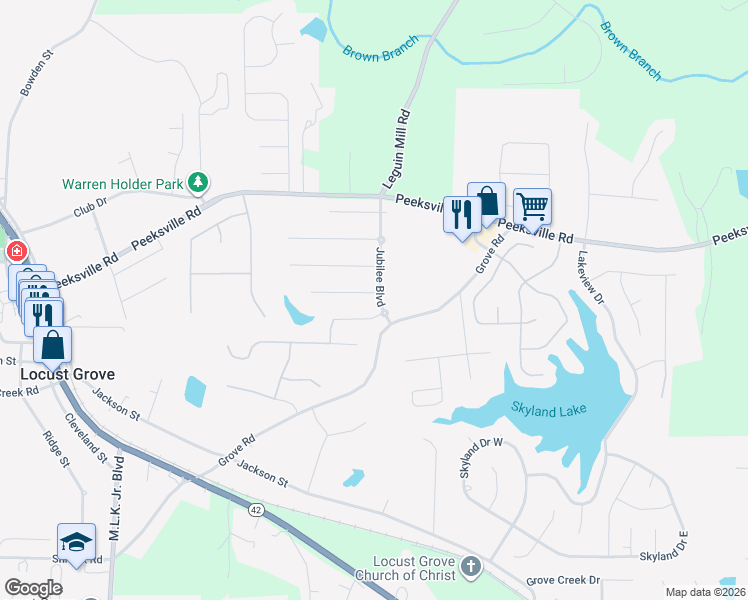 map of restaurants, bars, coffee shops, grocery stores, and more near 601 Winners Circle in Locust Grove