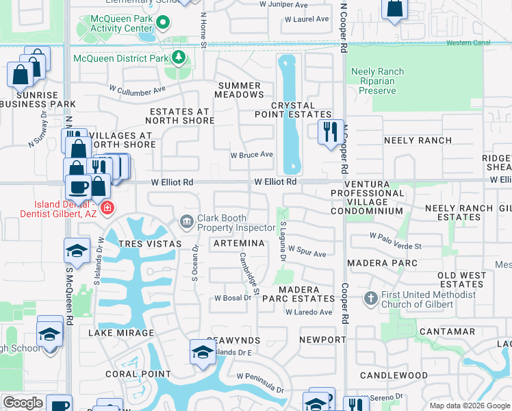 map of restaurants, bars, coffee shops, grocery stores, and more near 1053 West Silver Creek Road in Gilbert