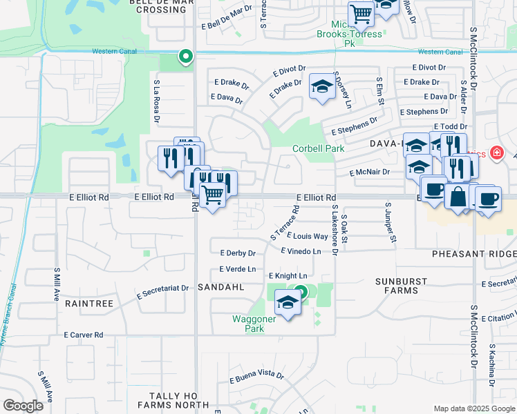 map of restaurants, bars, coffee shops, grocery stores, and more near 1114 East Louis Way in Tempe
