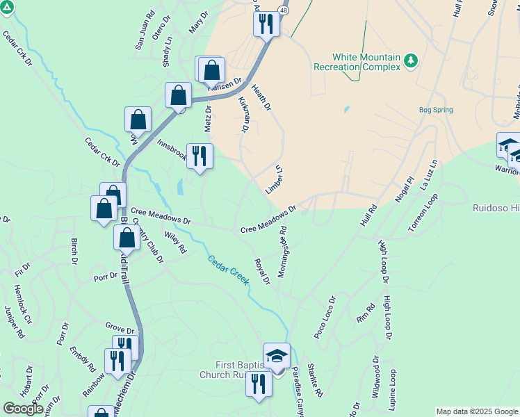 map of restaurants, bars, coffee shops, grocery stores, and more near 301 Cree Meadows Drive in Ruidoso