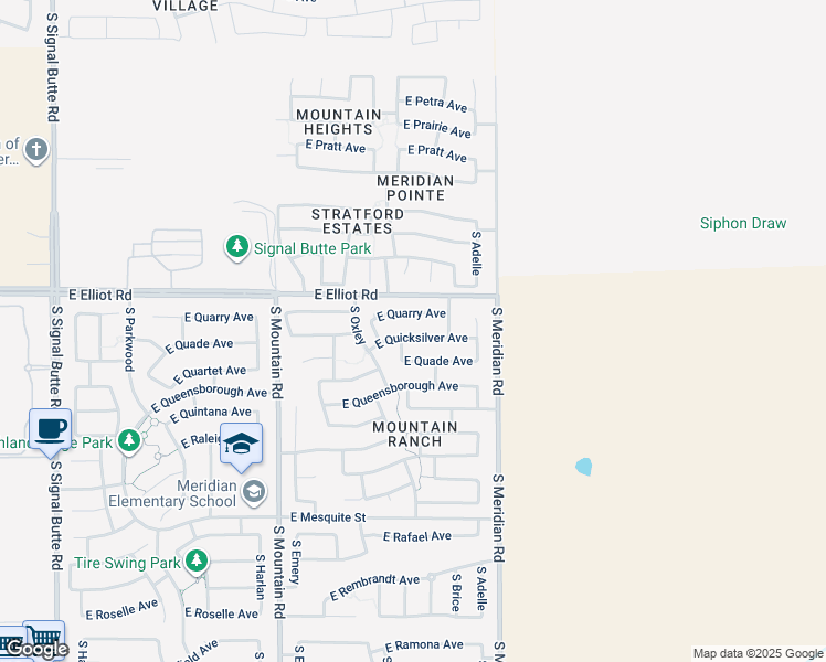 map of restaurants, bars, coffee shops, grocery stores, and more near 11432 East Quicksilver Avenue in Mesa