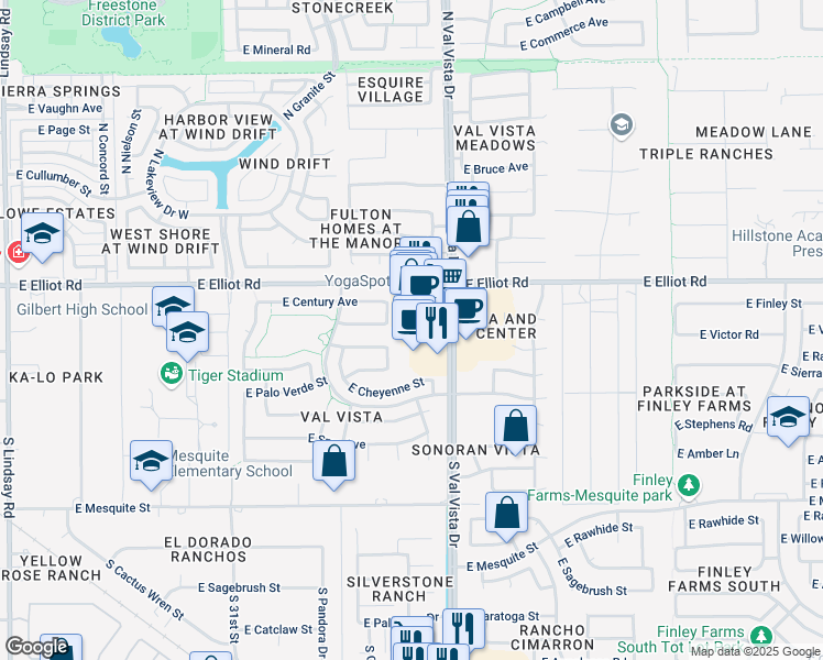 map of restaurants, bars, coffee shops, grocery stores, and more near 110 South Val Vista Drive in Gilbert