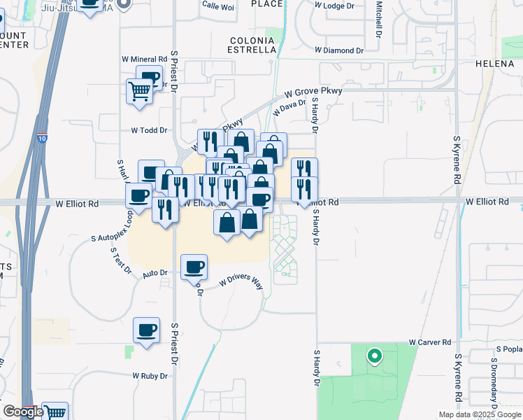 map of restaurants, bars, coffee shops, grocery stores, and more near 1245 W Elliot Rd in Tempe