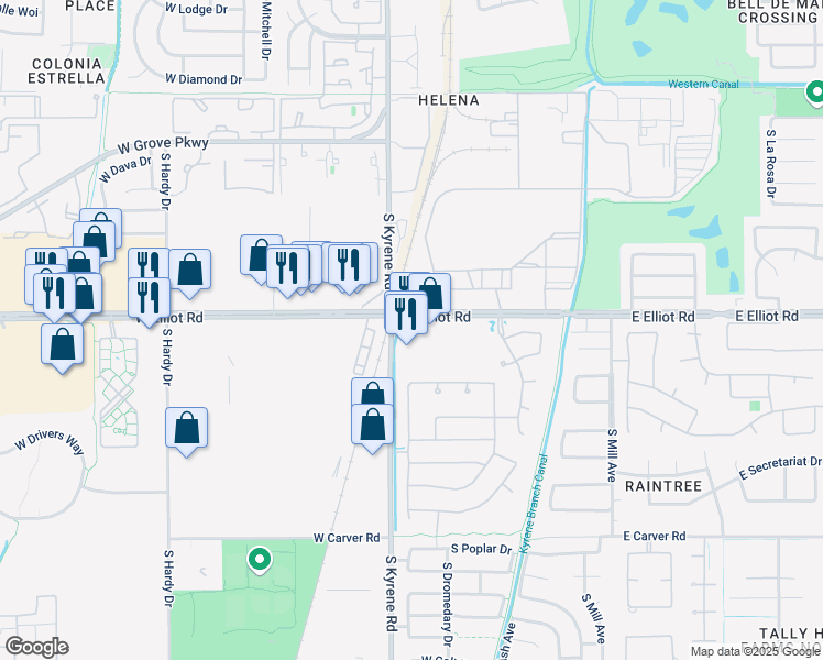 map of restaurants, bars, coffee shops, grocery stores, and more near 7707 South Kyrene Road in Tempe