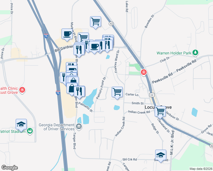 map of restaurants, bars, coffee shops, grocery stores, and more near 905 Justice Drive in Locust Grove