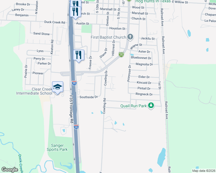 map of restaurants, bars, coffee shops, grocery stores, and more near 120 Southside Drive in Sanger