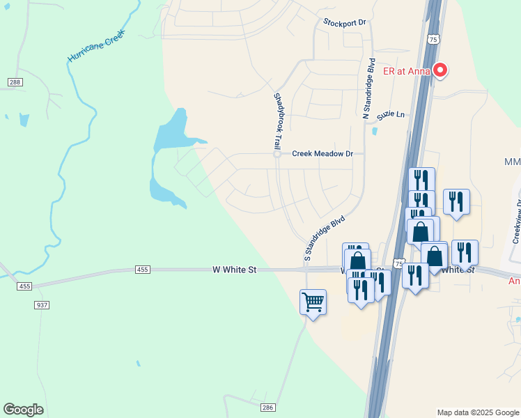 map of restaurants, bars, coffee shops, grocery stores, and more near 3212 Hidden Valley Drive in Anna