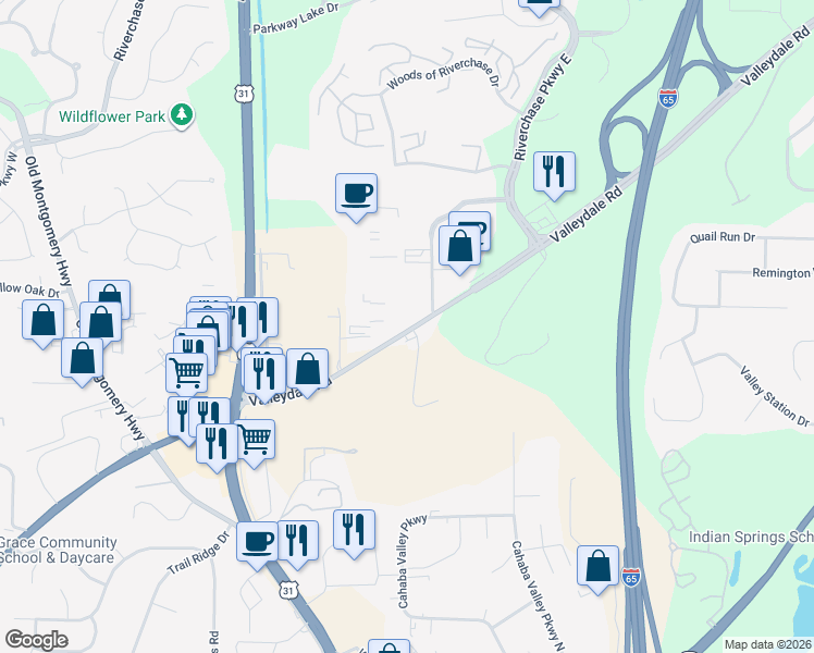 map of restaurants, bars, coffee shops, grocery stores, and more near 5001 Beabout Drive in Pelham