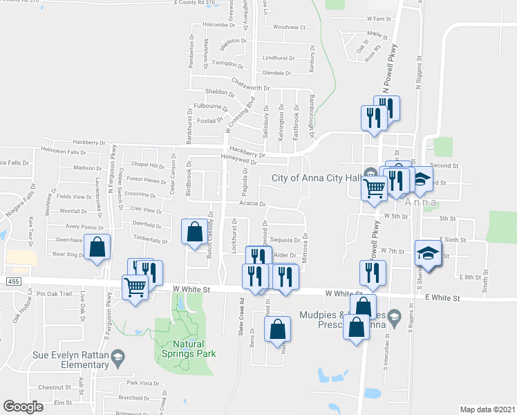 map of restaurants, bars, coffee shops, grocery stores, and more near 909 Acacia Drive in Anna