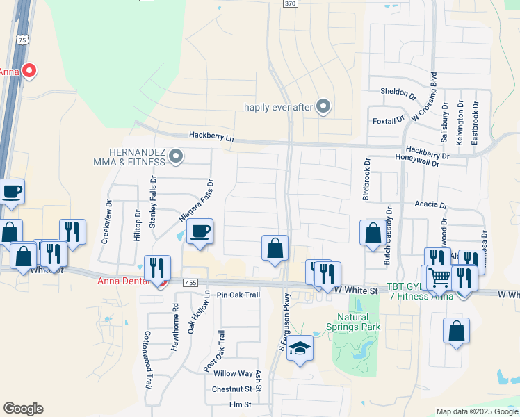 map of restaurants, bars, coffee shops, grocery stores, and more near 1610 Avery Pointe Drive in Anna