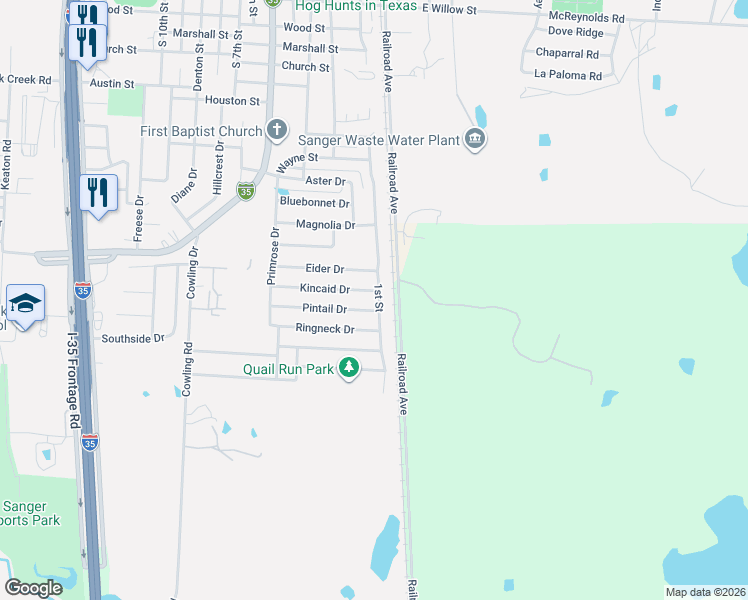 map of restaurants, bars, coffee shops, grocery stores, and more near 107 Ringneck Drive in Sanger