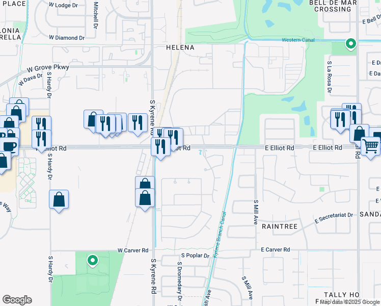 map of restaurants, bars, coffee shops, grocery stores, and more near 7636 South Dateland Drive in Tempe