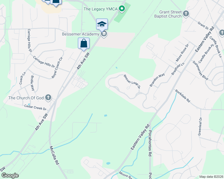 map of restaurants, bars, coffee shops, grocery stores, and more near 4664 Rosser Loop Drive in Bessemer