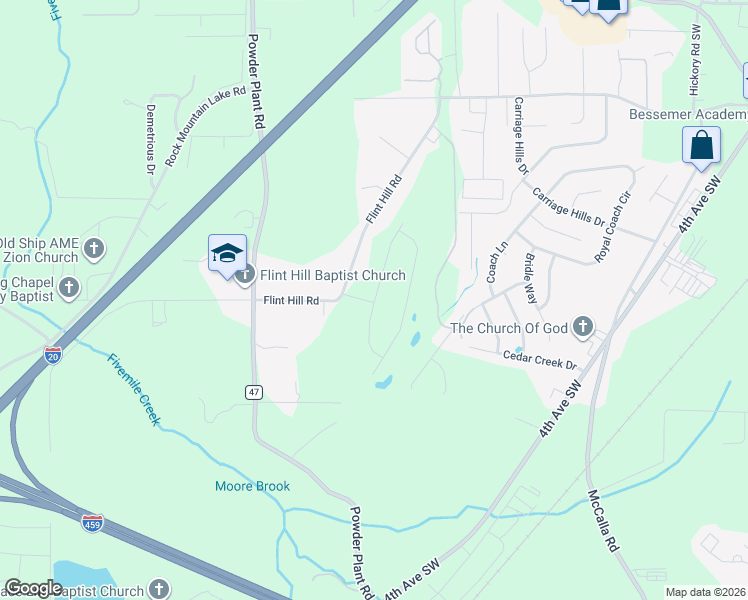 map of restaurants, bars, coffee shops, grocery stores, and more near 690 Flint Hill Road in Bessemer