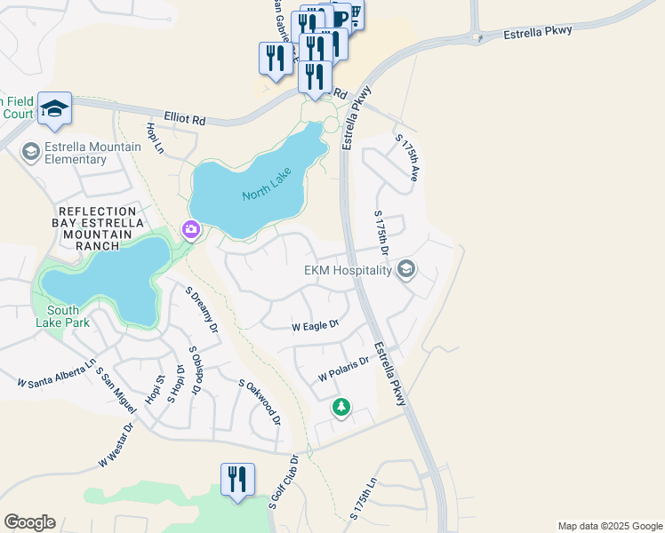 map of restaurants, bars, coffee shops, grocery stores, and more near 17662 Summit Drive in Goodyear