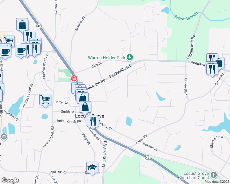 map of restaurants, bars, coffee shops, grocery stores, and more near 943 Jackson Street in Locust Grove