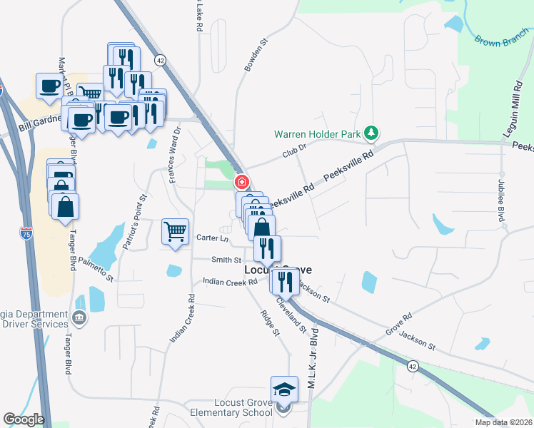 map of restaurants, bars, coffee shops, grocery stores, and more near 27 Peeksville Road in Locust Grove