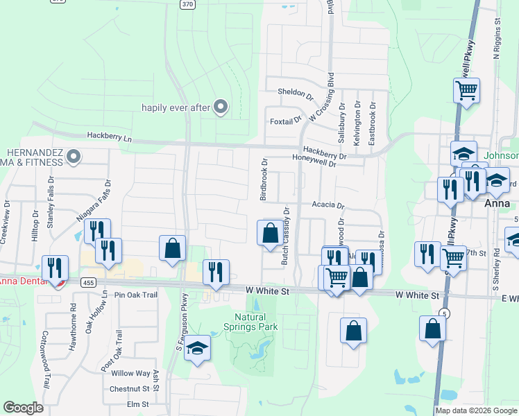 map of restaurants, bars, coffee shops, grocery stores, and more near 1210 Crossvine Drive in Anna