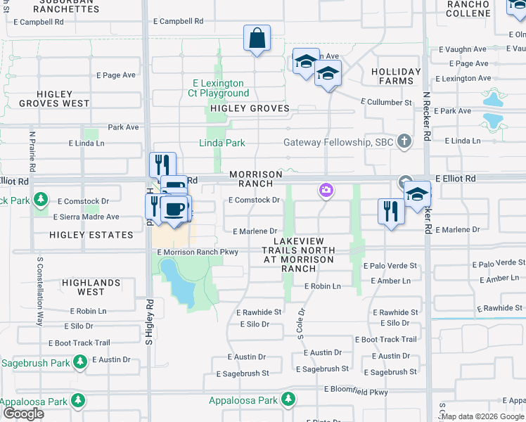 map of restaurants, bars, coffee shops, grocery stores, and more near 3526 East Sierra Madre Avenue in Gilbert
