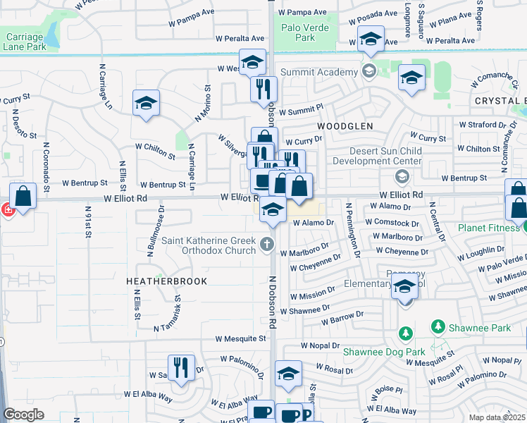map of restaurants, bars, coffee shops, grocery stores, and more near 2950 North Dobson Road in Chandler