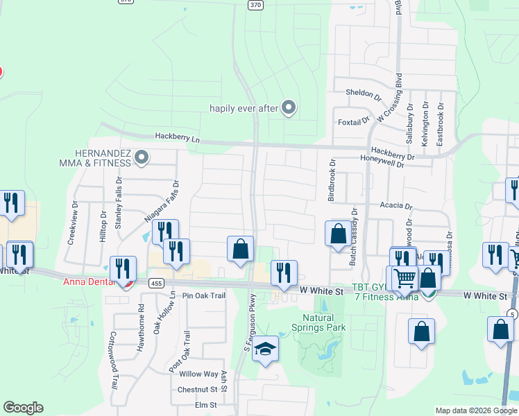 map of restaurants, bars, coffee shops, grocery stores, and more near 1413 Crossvine Drive in Anna