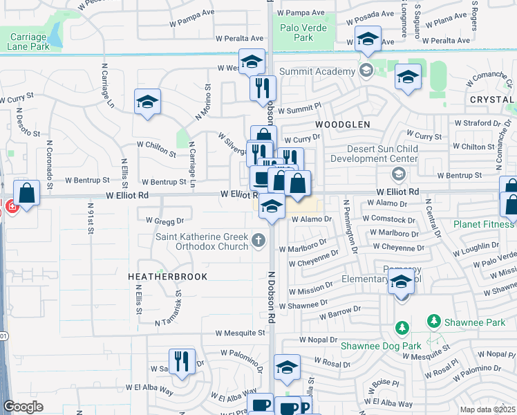 map of restaurants, bars, coffee shops, grocery stores, and more near 2950 North Dobson Road in Chandler