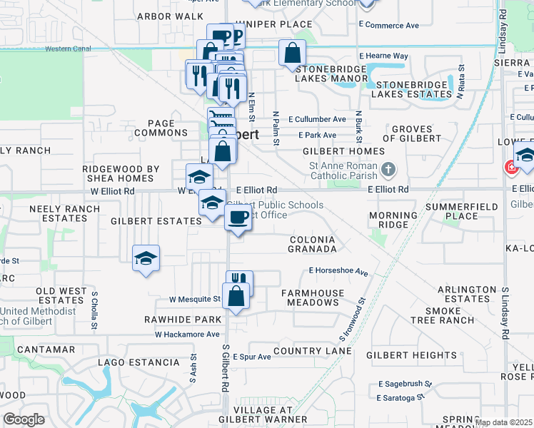 map of restaurants, bars, coffee shops, grocery stores, and more near 20 South Buena Vista Avenue in Gilbert