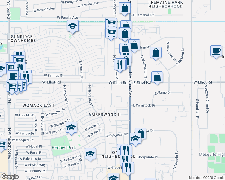 map of restaurants, bars, coffee shops, grocery stores, and more near 2985 North Oregon Street in Chandler