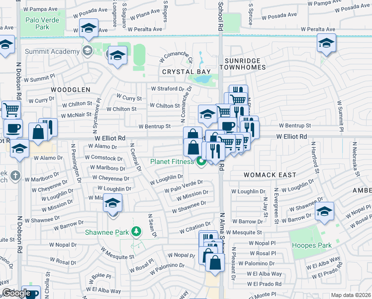 map of restaurants, bars, coffee shops, grocery stores, and more near 1200 West Alamo Drive in Chandler
