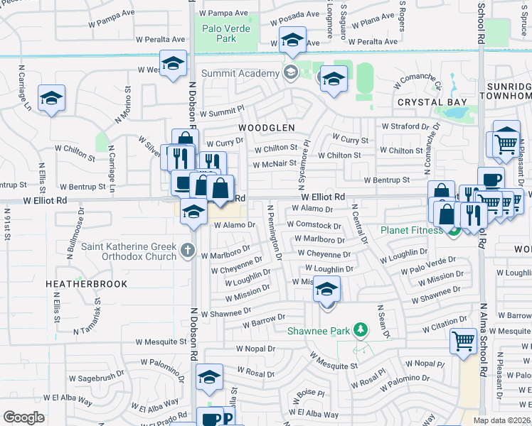 map of restaurants, bars, coffee shops, grocery stores, and more near 1601-1699 W Elliot Rd in Chandler