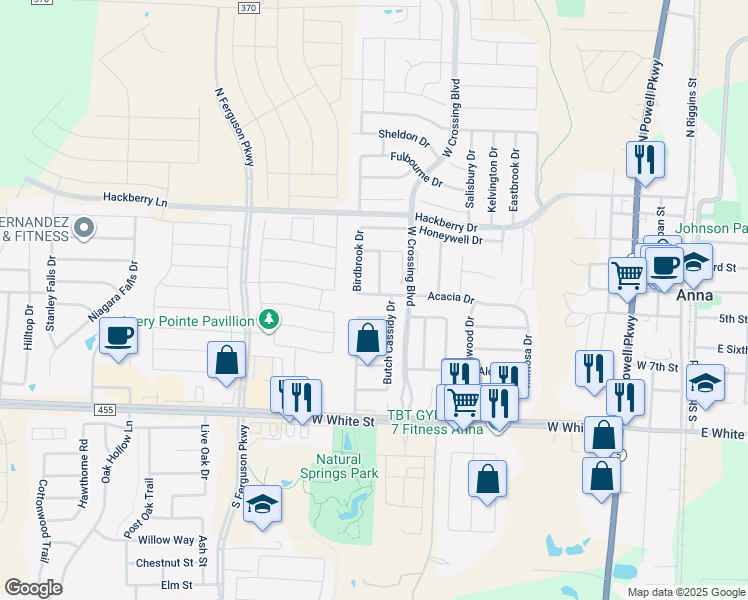 map of restaurants, bars, coffee shops, grocery stores, and more near 1117 Acacia Drive in Anna